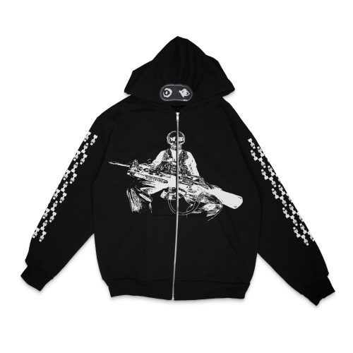 ACTUALHATE INC. - AH GUNMAN STANDARD FIT ZIP UP HOODIE - BLACK/WHITE