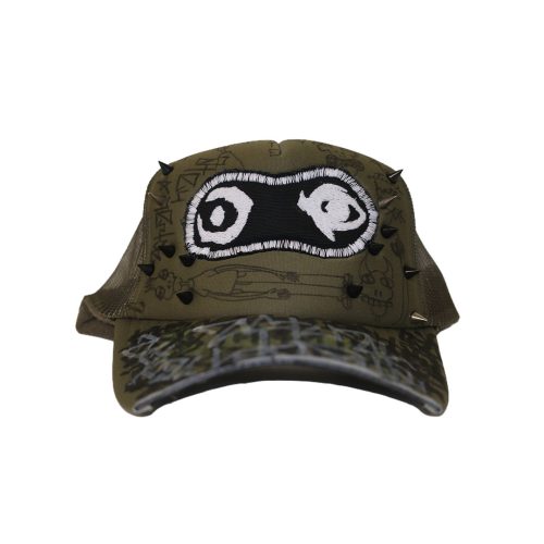 'UN-H8(ONE-OFF) - HAND DRAWN STUDDED TRUCKER HAT - ARMY GREEN