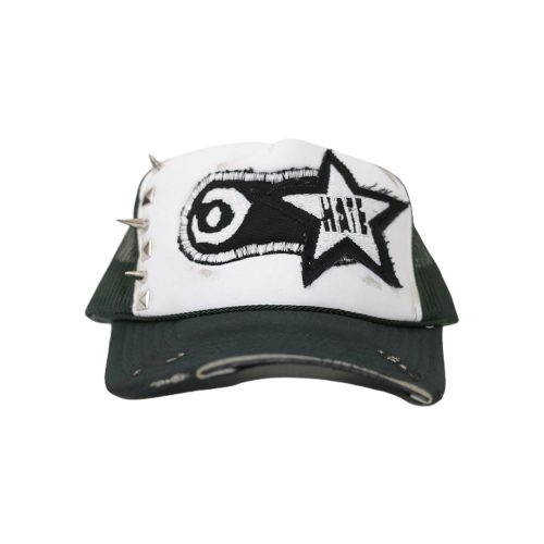 'UN-H8(ONE-OFF) - STUDDED DISTRESSED TRUCKER HAT - GREEN/WHITE