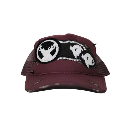 'UN-H8(ONE-OFF) - STUDDED DISTRESSED TRUCKER HAT - BURGUNDY